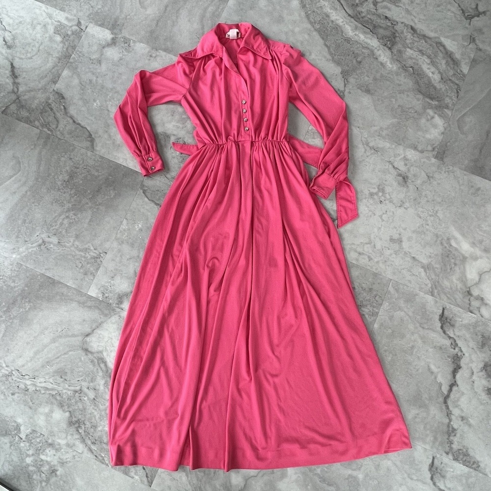 Leslie J Vintage 70s Union Made Pink Mod Style Dress Small 5-6 Spread Collar‎